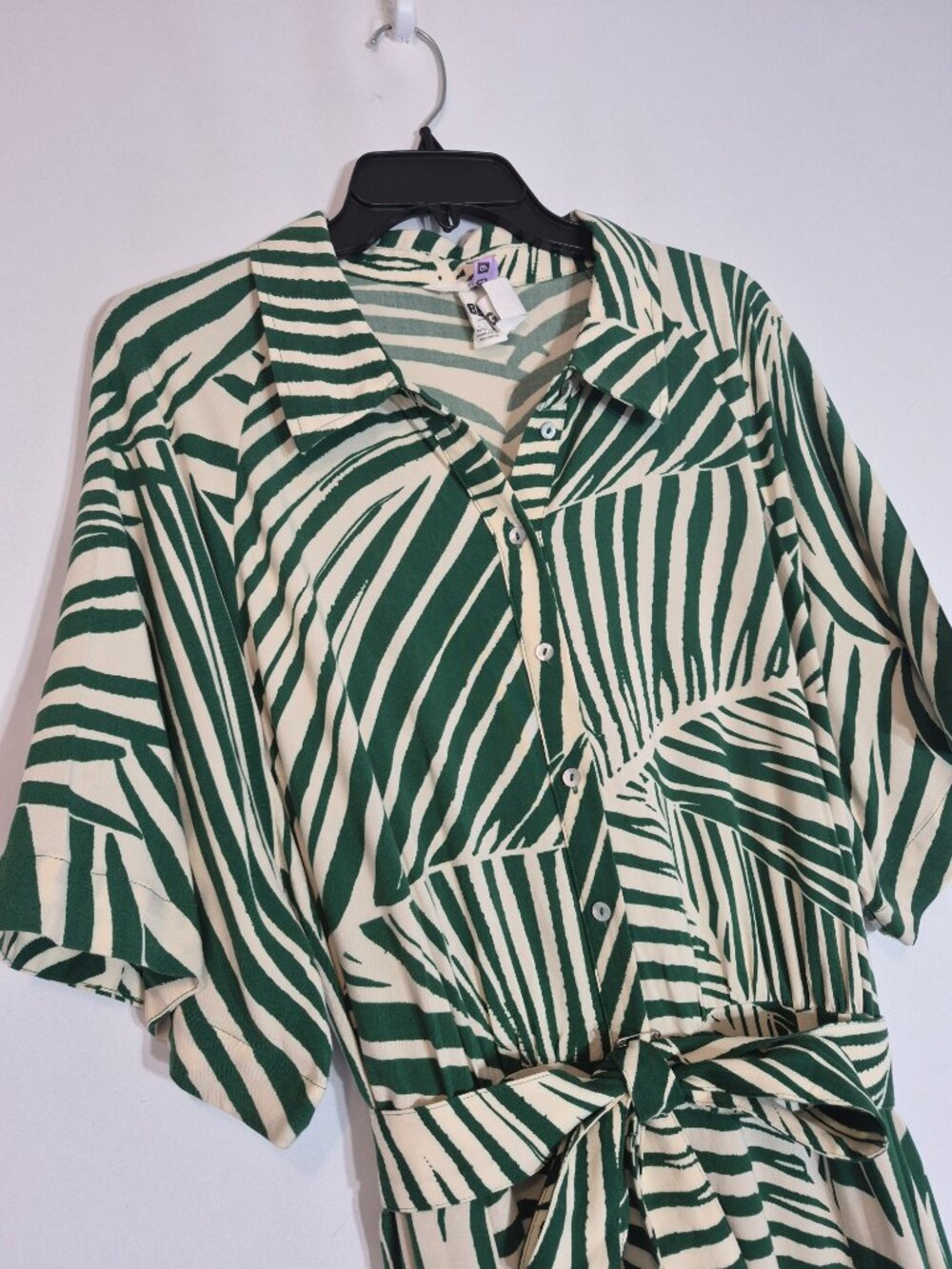 H&M Green & White Zebra Print Belted Short Sleeve Midi Shirt Dress; Size 2XL